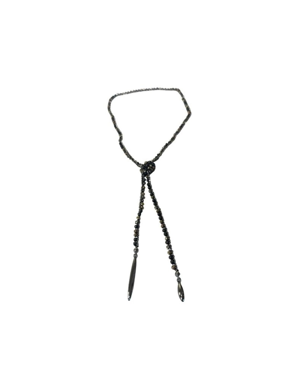Beaded Lariat Necklace Metallic Accents Rhinestones & Knot Detail 34" Long